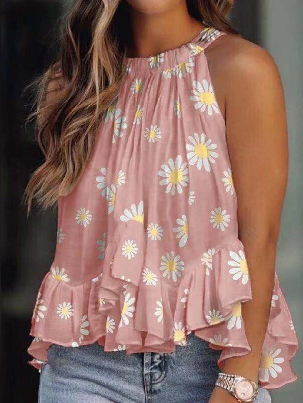 Sleeveless Pink Daisy Print Halter Cami Ruffle Top- Full & Plus Sizes